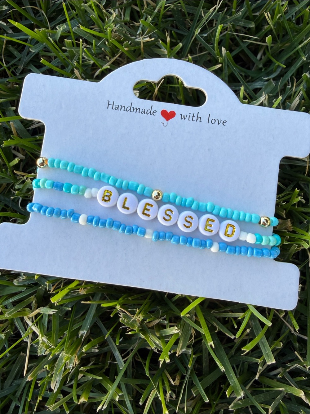 Handmade 'Blessed' Blue Beaded Bracelet Set